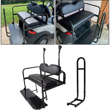 Kojem Flip Folding Rear Black Seat Kit for 2004-up Club Car Precedent Gas or Electric Models Golf Cart w/ Extra Handle Bar w/ Roof Support - 3 Packages and All Hardware