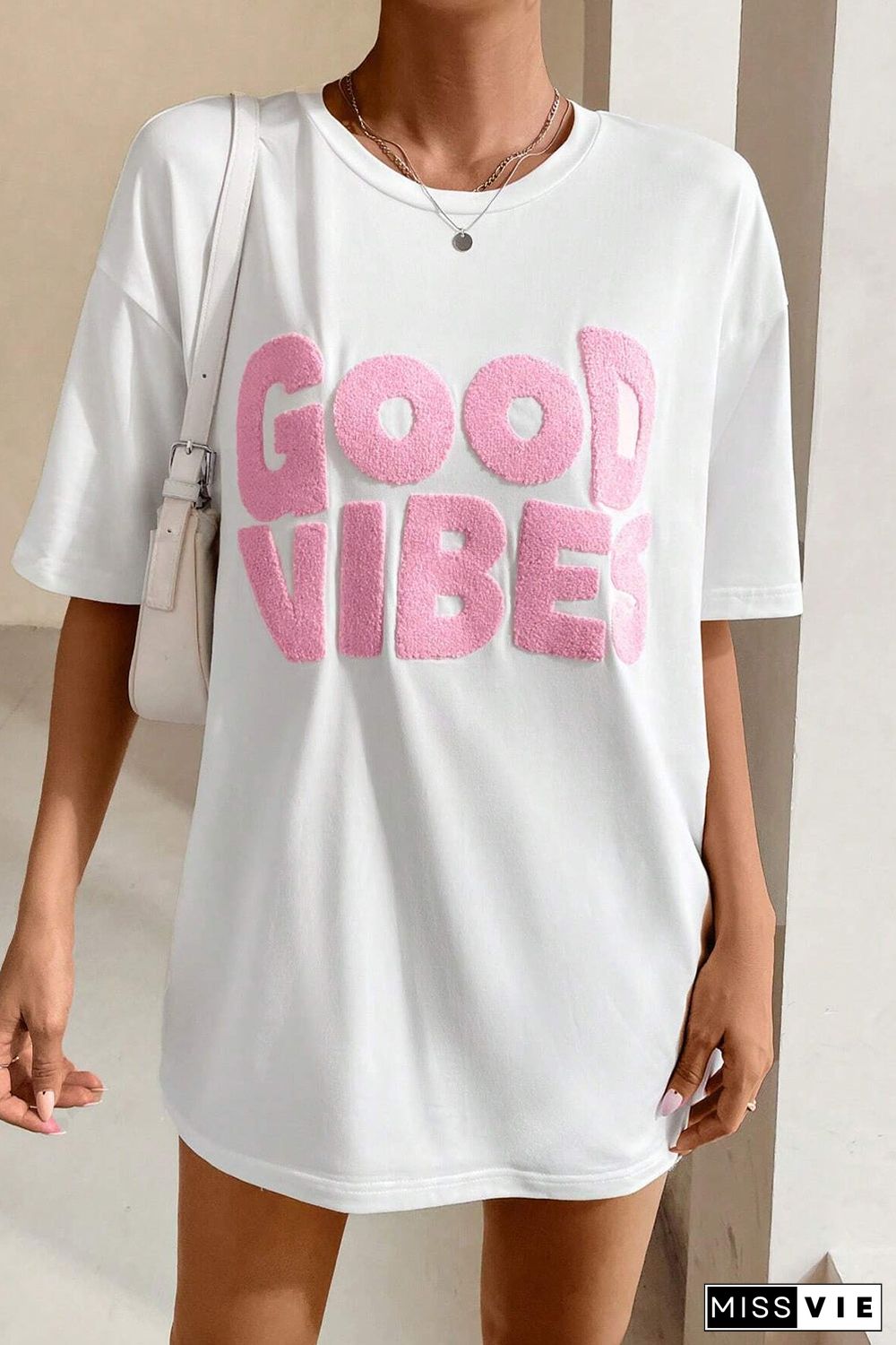 White GOOD VIBES Chenille Embroidered Crewneck T Shirt