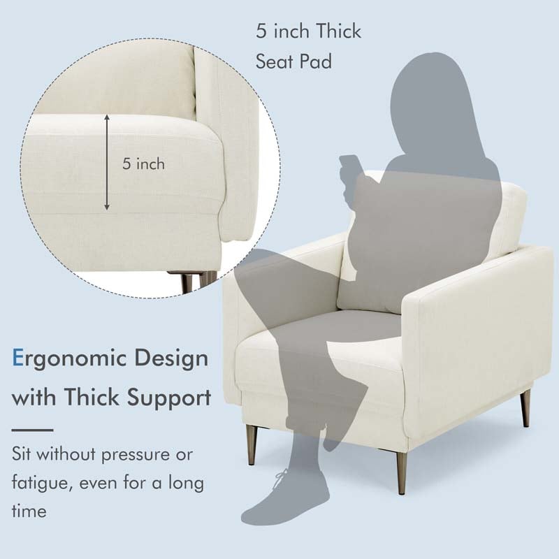 Modern Accent Chair Upholstered Armchair Single Sofa Couch with Removable Cushions & Solid Metal Legs