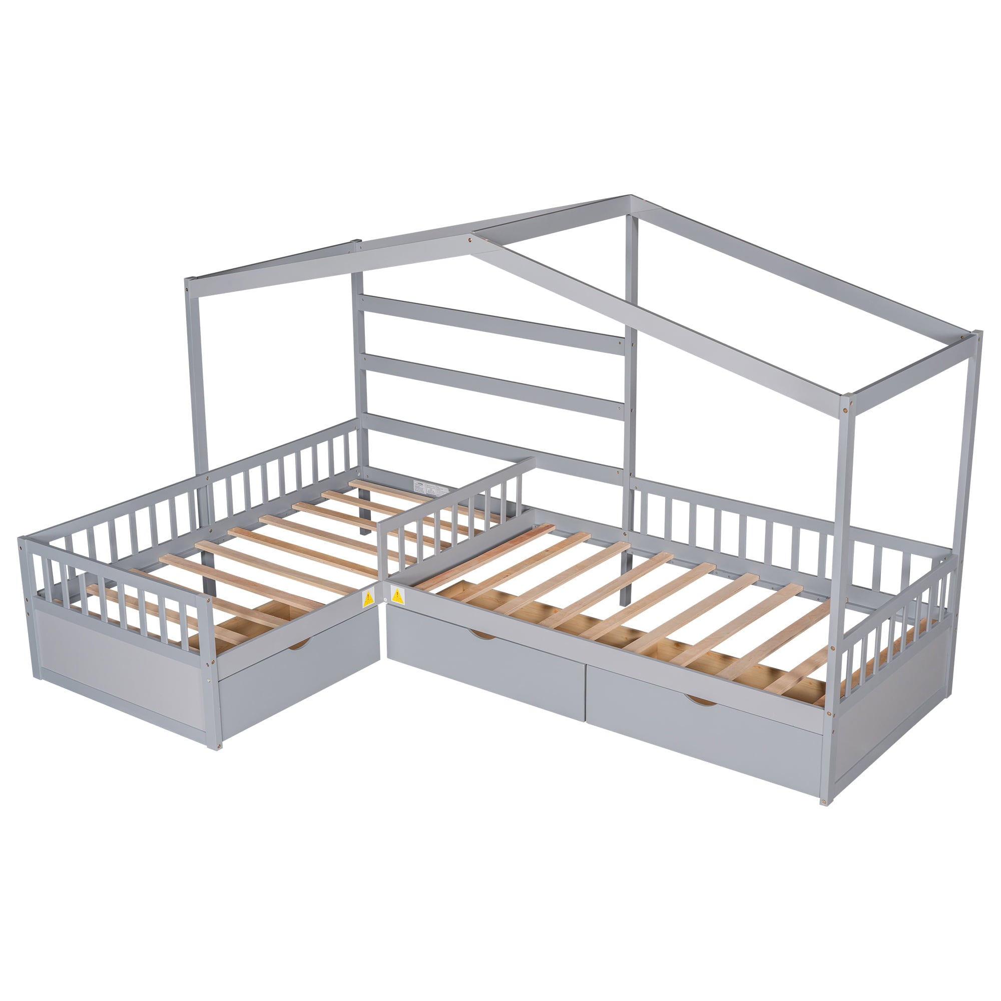 Wood Twin Size Double House Bed with Three Drawers for Kids, Gray