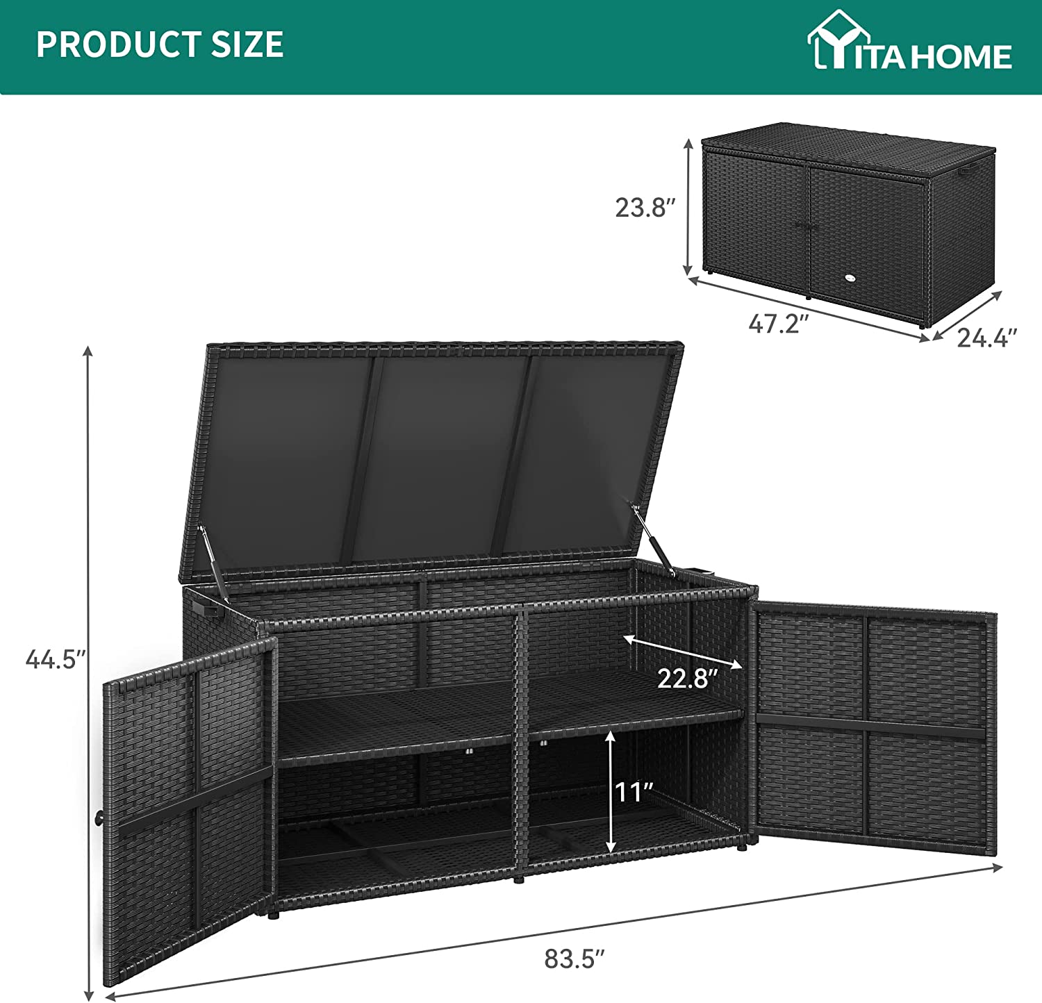 YITAHOME 120 Gallon Outdoor Wicker Storage Box, Large Rattan Deck Box Double Openable Door with Lid and Separate Storage Shelf for Patio, Cushions, Garden Tools, Pools & Sports Equipment (Black)