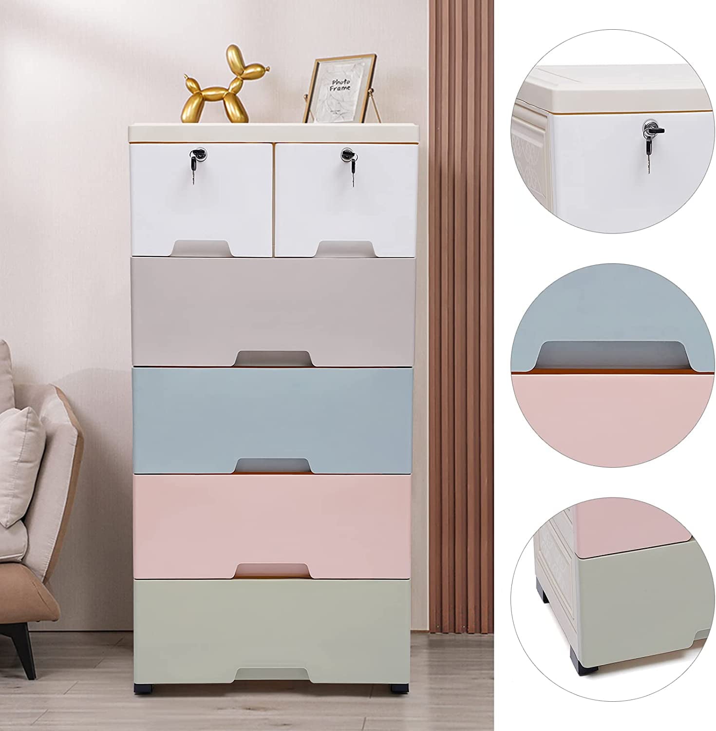 FETCOI 5 Layers Storage Cabinets 6 Drawer Plastic Cabinet Dresser Closet Clothes Storage (Macaron color)