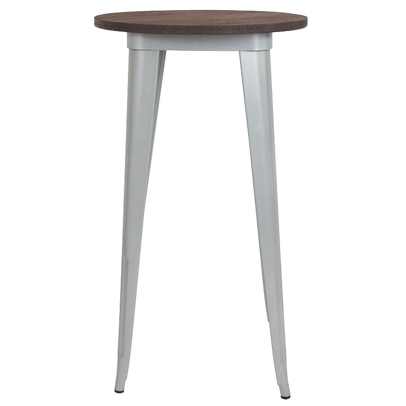 Merrick Lane 24 Round Metal Indoor Bar Height Table with Silver Galvanized Steel Frame and Walnut Rustic Wood Top