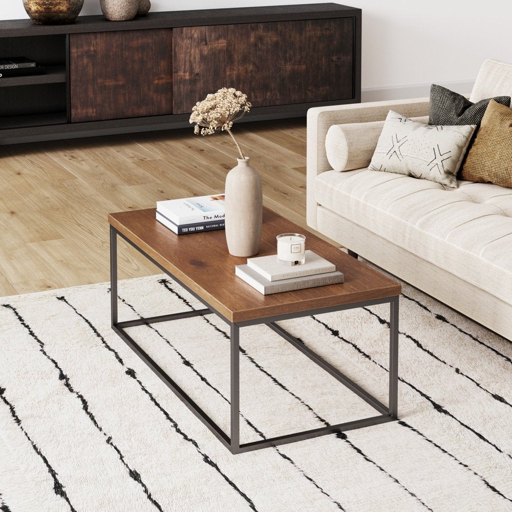 Modern Industrial Wood Coffee Table with Black Metal Box Frame and Dark Walnut Finish