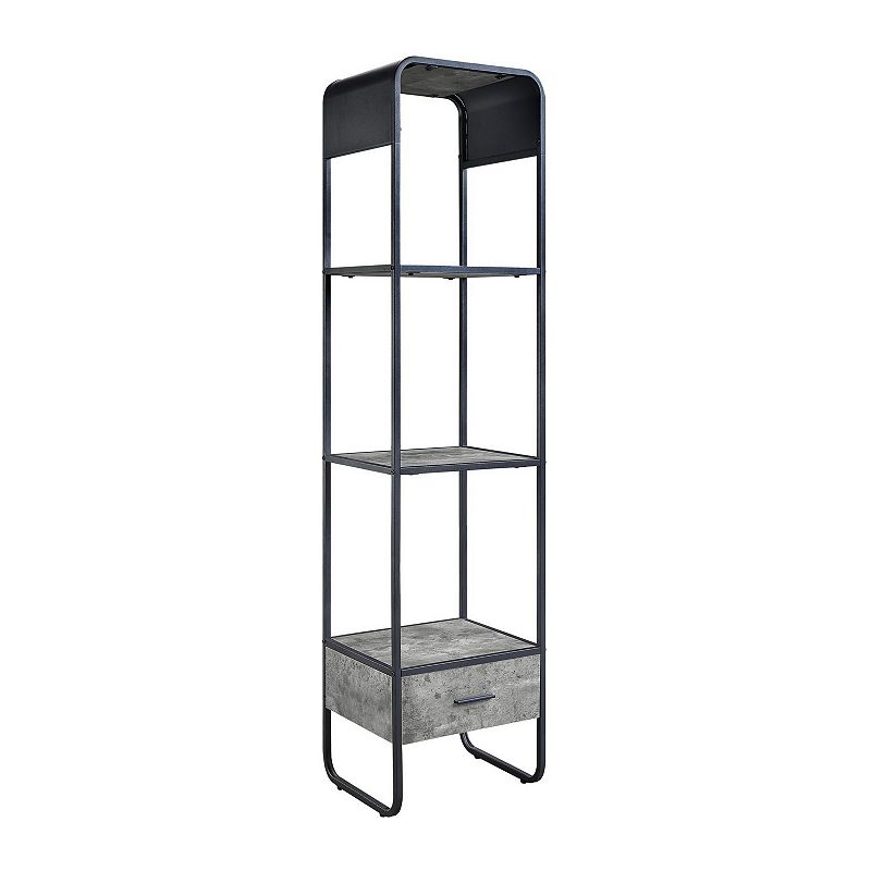 66 Inch Side Pier， Vertical Media Bookcase， 3 Shelves， Metal Frame， Gray