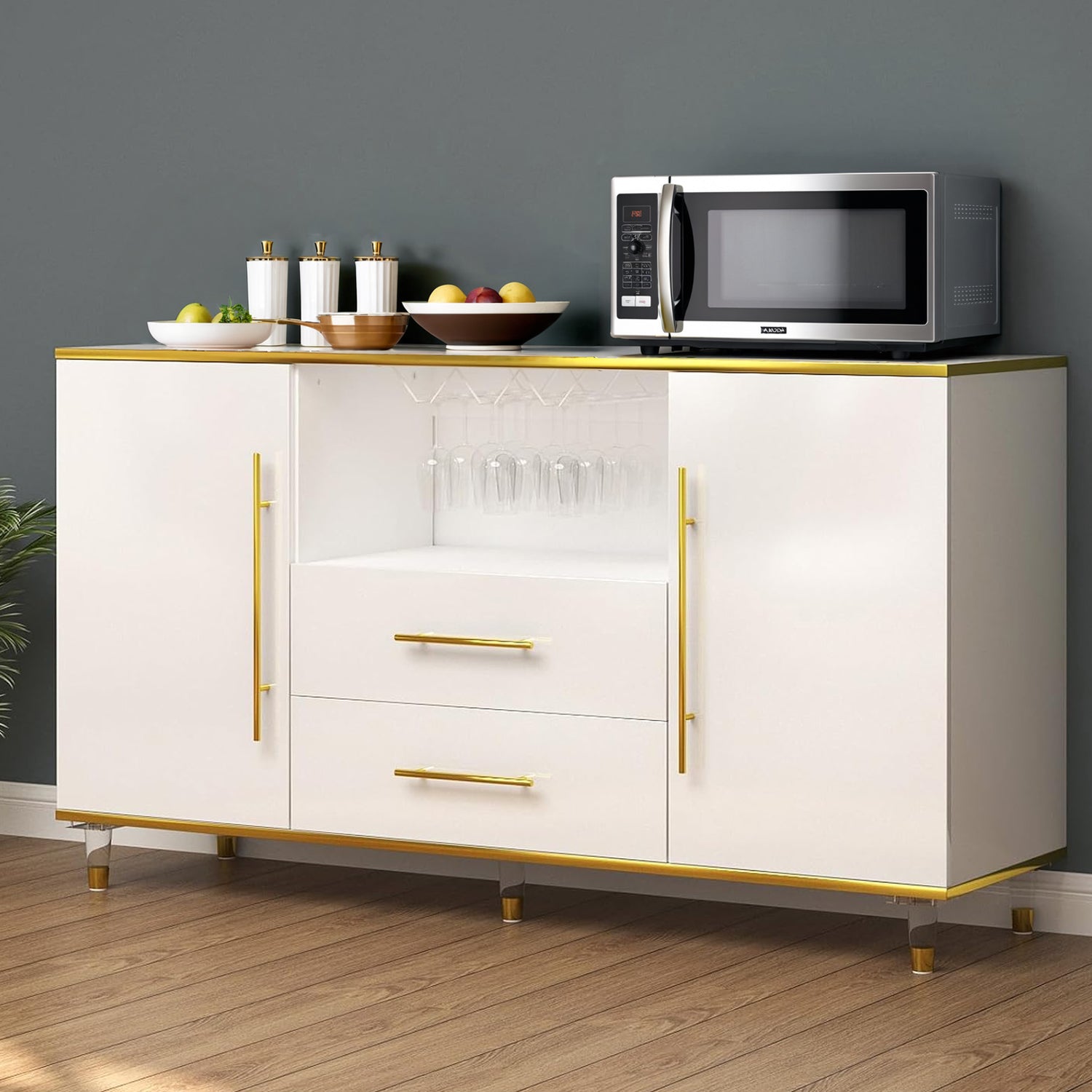 Buffet Cabinet High Glossy Kitchen Sideboard Cabinet with Drawers, Wine Glass Holder, Adjustable Shelf