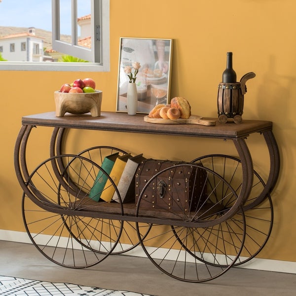 Two Tier Wagon Style Industrial Wooden and Metal Side End Table with Big Wheels