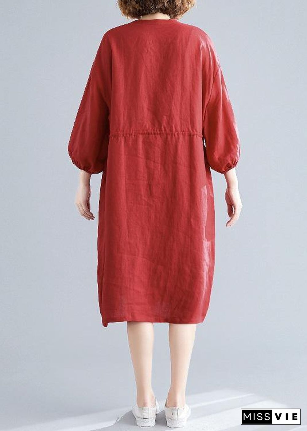 DIY o neck drawstring linen cotton quilting dresses red Shirts Dresses fall