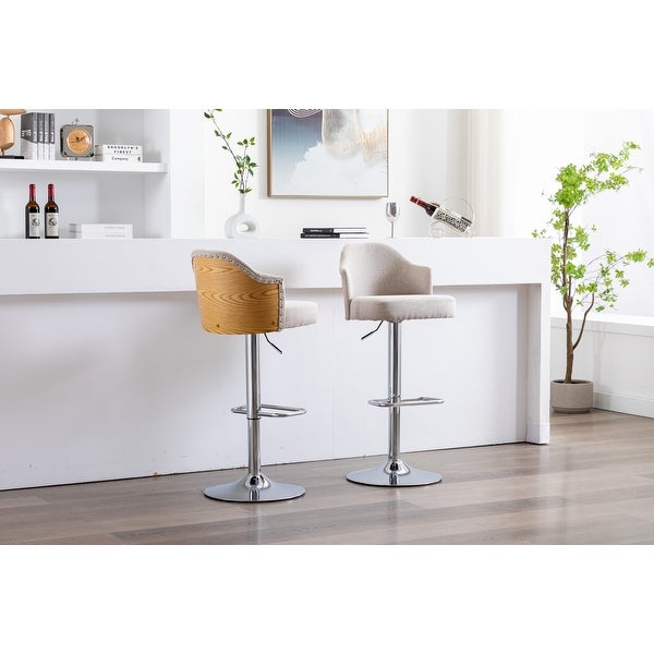 Set of 2 Counter Swivel Bar Stools Adjustable Bent Wood Back Chrome Nailhead Trim Barstools with Back