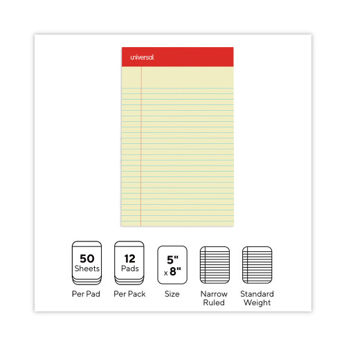 Universal Perforated Ruled Writing Pads， Narrow Rule， 5 x 8， Canary， 50 Sheets， Dozen (46200)