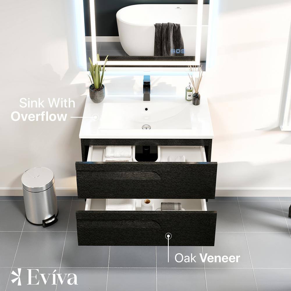 Eviva Joyous  32 in. W x 18 in. D x 22.5 in. H Floating Bath Vanity in Black wood with White Porcelain Top EVVN23-32BW-WMN