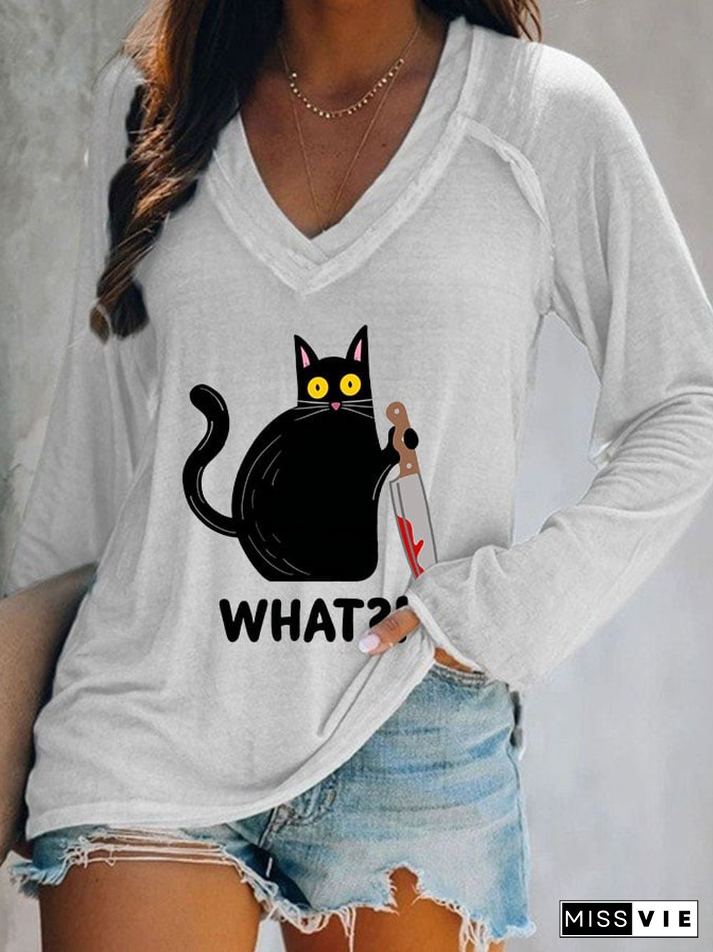 Women's Halloween Black Cat Print Double Layer V-Neck Long Sleeve T-Shirt