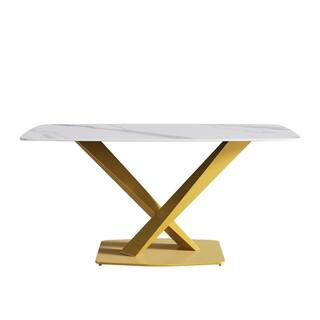 Magic Home 63 in. White Rectangular Sintered Stone Tabletop Kitchen Dining Table with Cross Golden Steel Pedestal (6 Seats) CS-PP192670AAC