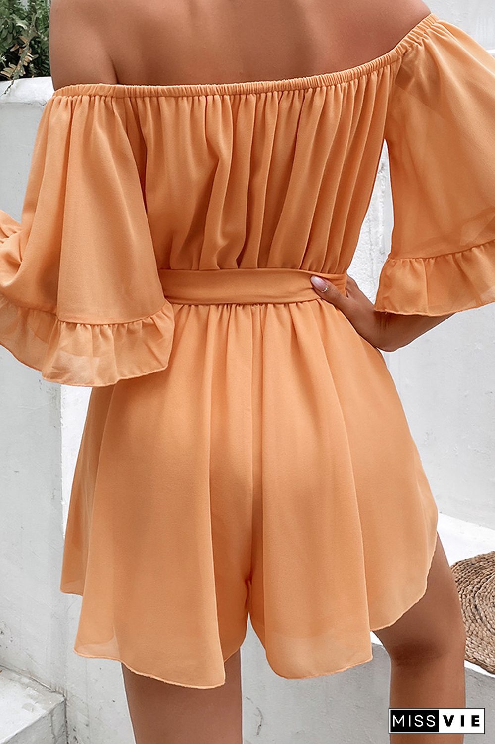 Orange CHiffon Off Shoulder Ruffle Romper