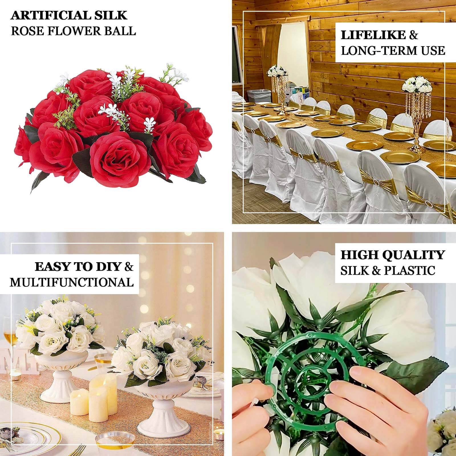 2 Pack Red Artificial Flower Ball Bouquets For Centerpieces, 15-Head Silk Rose Kissing Balls 10