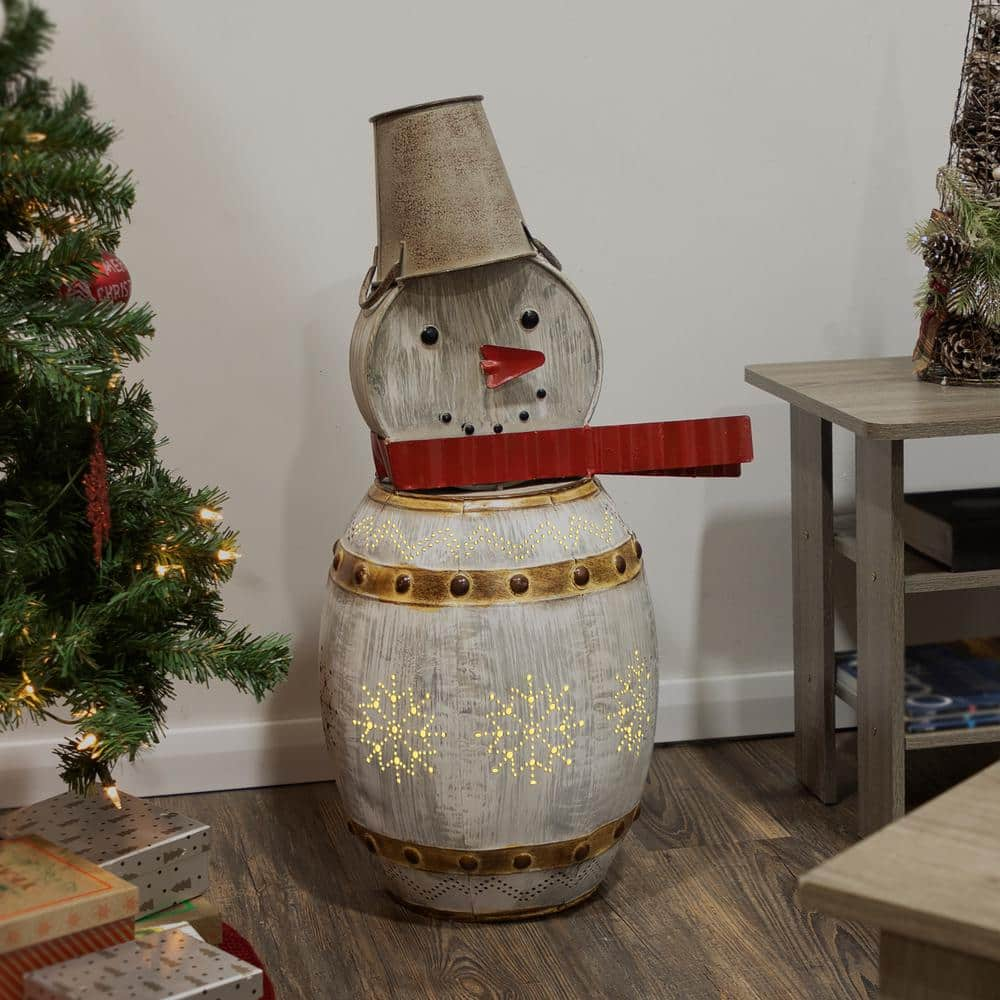 Alpine Corporation 30 in. Tall Weathered Barrel Snowman With Warm White LED Lights ORS730