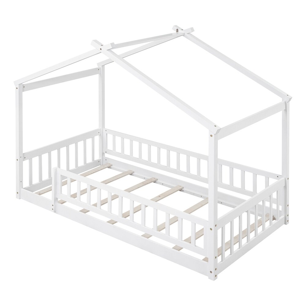 Twin Size House Bed for Kids  Floor Bed with Safety Guardrail  Wooden Daybed Frame with Roof   Slats Support for Boys or Girls