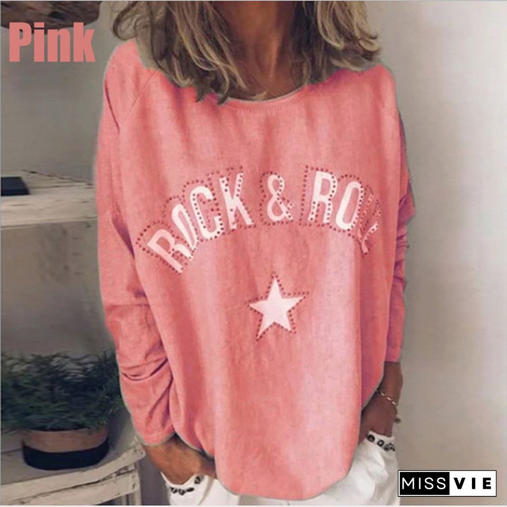 Women’s Fashion Autumn Casual Tops Solid Color Long Sleeved Shirts Loose Round Neck Pullovers Plus Size Blouse Shirts