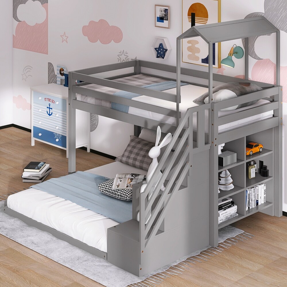 Storage Staircase Twin over Full House Roof Bunk Bed with Staircase and Shelves，Easy Assembly