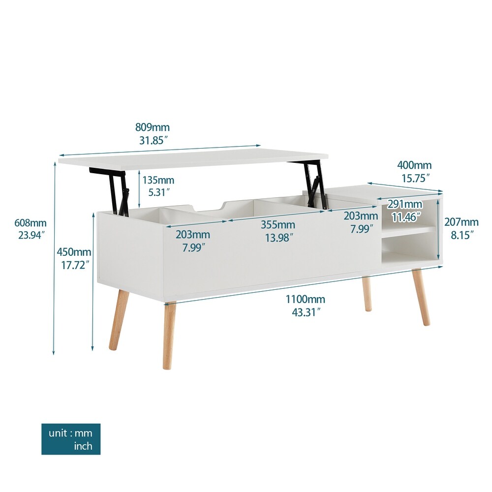 Modern Lift Top Coffee Table  Solid Wood Dining Table with Hidden Compartment and Adjustable Storage Shelf