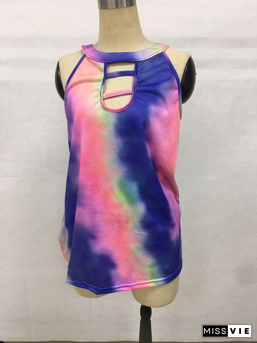 Multi-colored Tie Dye Hollow Out Neck Tank Top