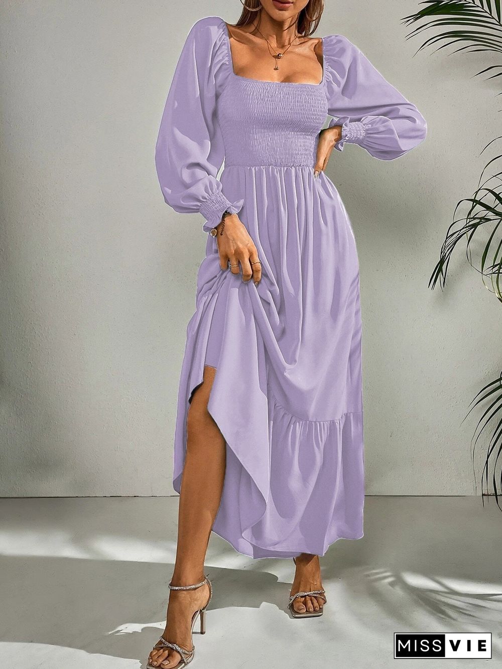 Women'S Dresses Square Neck High Waist Long Sleeve Ruffle Dress