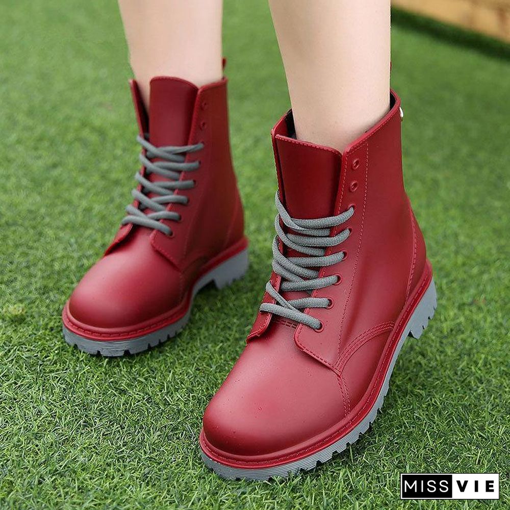 Women Rainboots Waterproof Mud Water Shoes Woman Rubber Lace Up PVC Ankle Boots Ladies Fashion Motorcycle Rain Botas