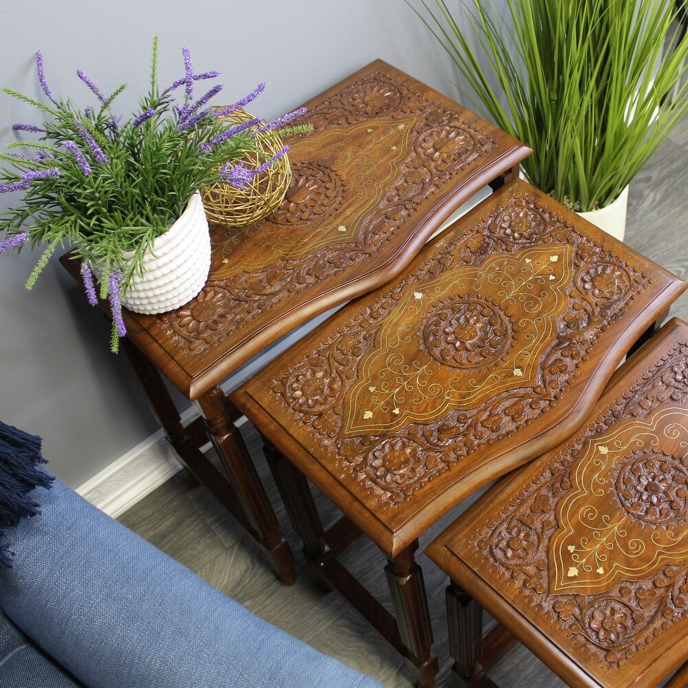 Natural Geo Decorative Set of 4 Nesting Tables   Handcarved