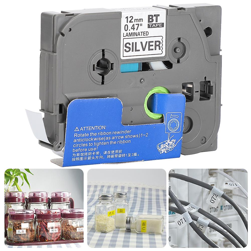 Label Tape Ribbon For Brother Printer Sticker Printing Paper(12mm Black On Matte Silver)