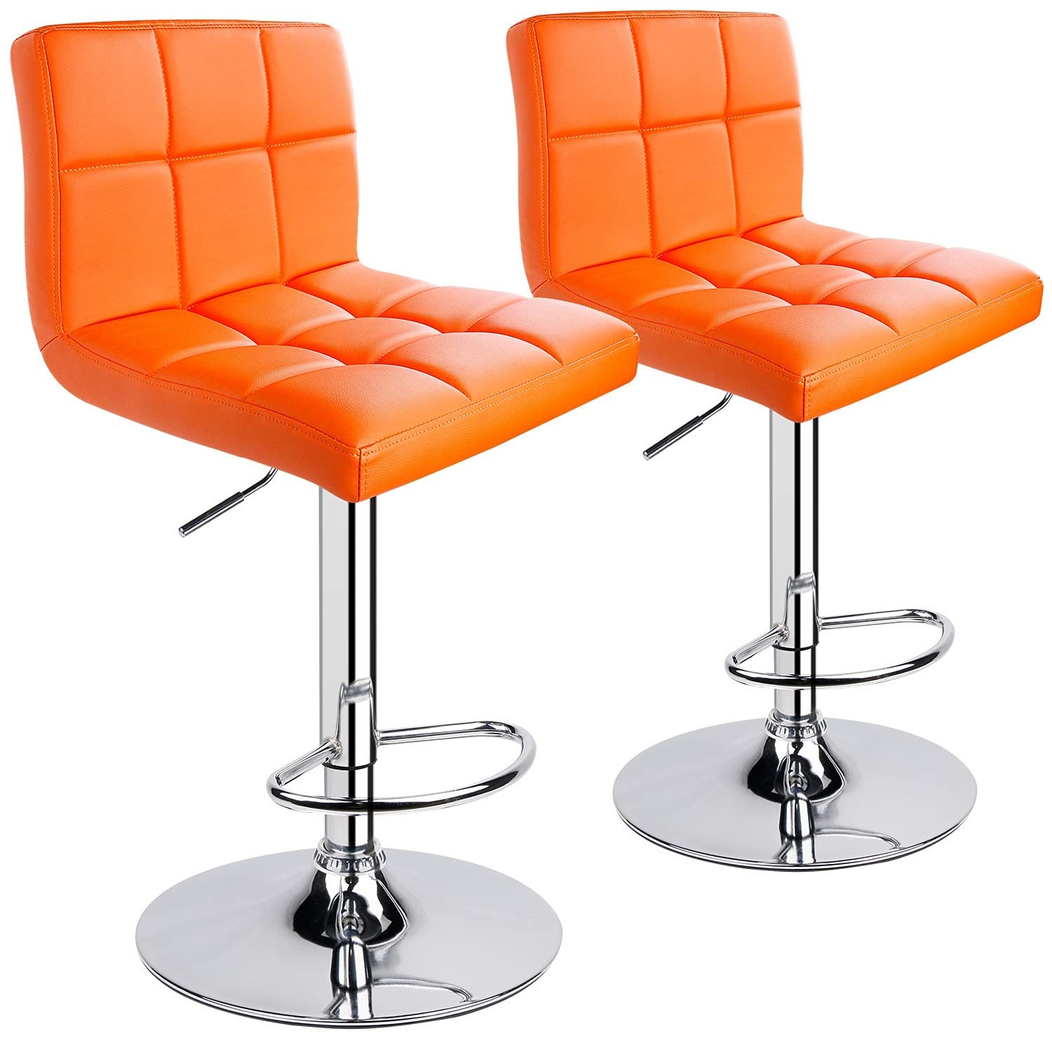 Bar Stools， Modern PU Leather Adjustable Swivel Bar Stool with Back， Set of 2 (Orange)