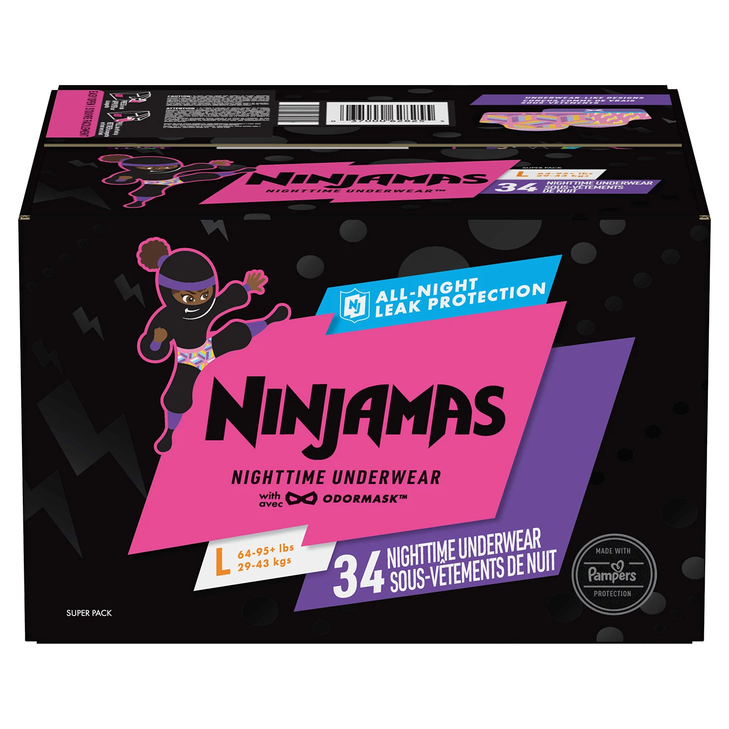 Ninjamas Nighttime Bedwetting Underwear for Girls， Size L/XL (64 - 125 lbs.) - 34 ct.