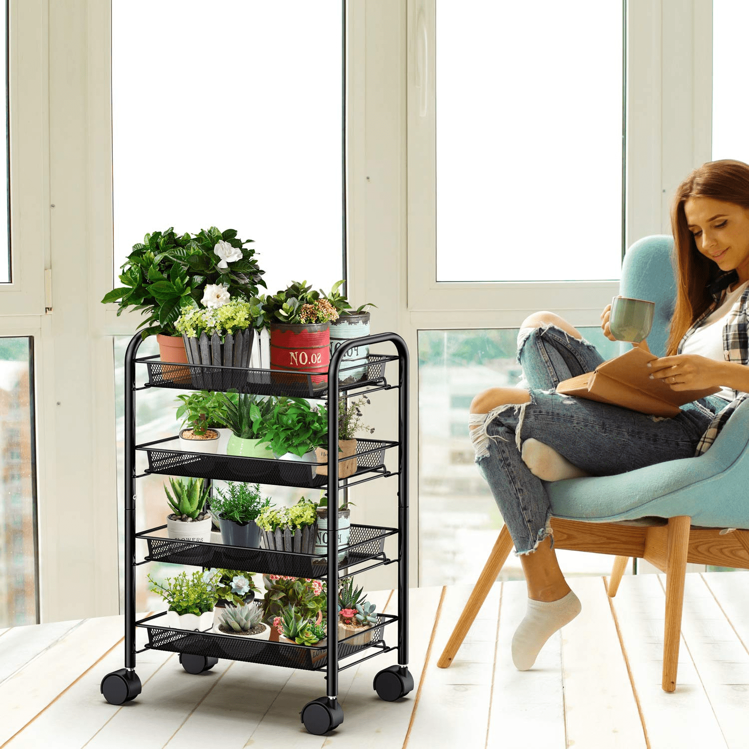 4 Tier Metal Mesh Rolling Utility Cart Storage Cart Kitchen Cart  for Home Kitchen Organizer， Black