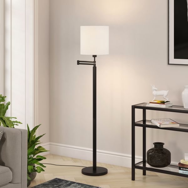 Moby Swing Arm Floor Lamp with Fabric Drum Shade in Blackened Bronze/White