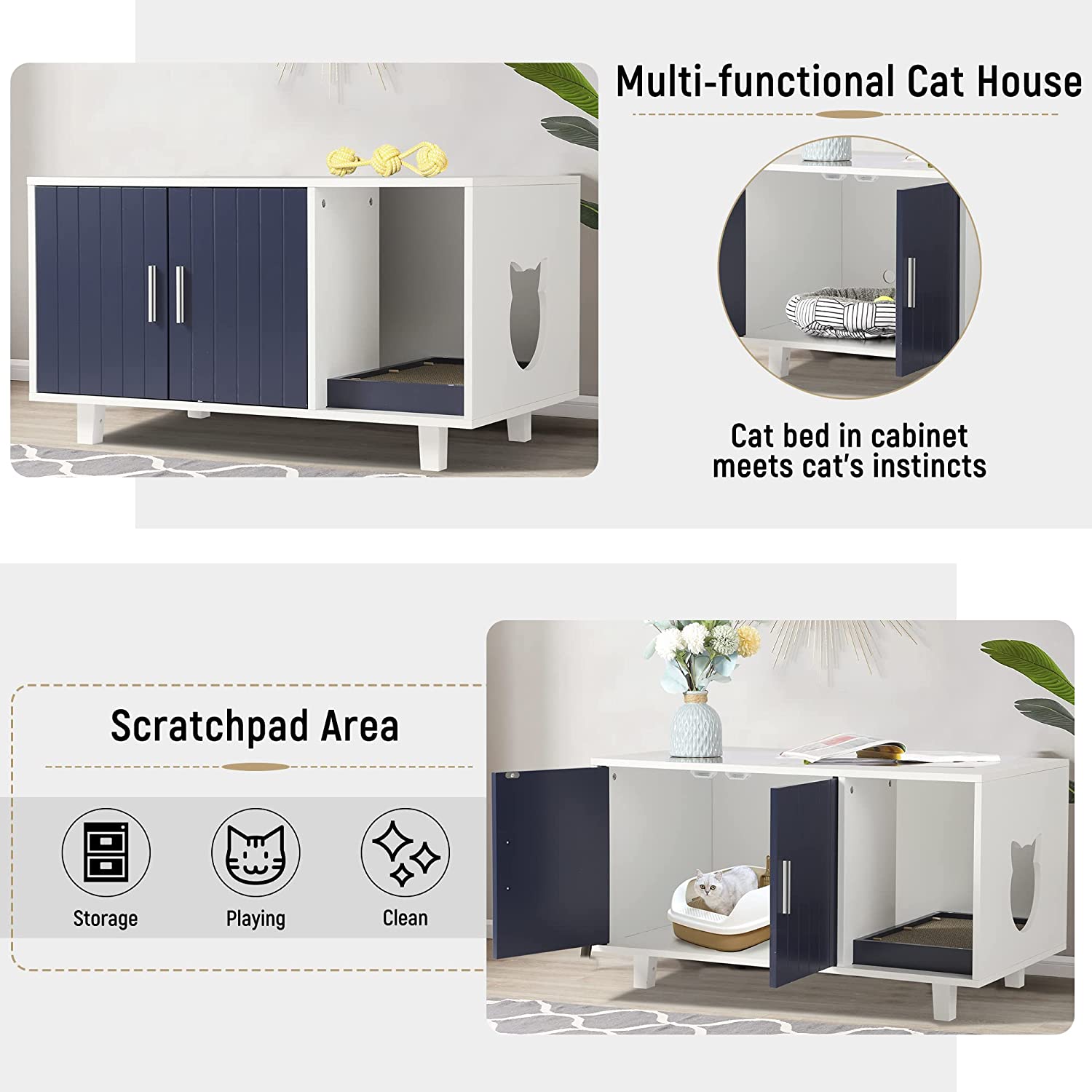 KIGOTYCat Litter Box Enclosure， Cat Litter Box Furniture Hidden Cat Washroom Furniture House Table Nightstand with Cat Scratch Pad，， White Blue