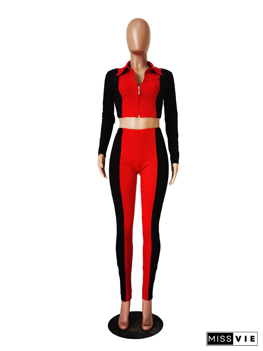 Patchwork Zip Long Sleeve Crop Top Pencil Pants Set