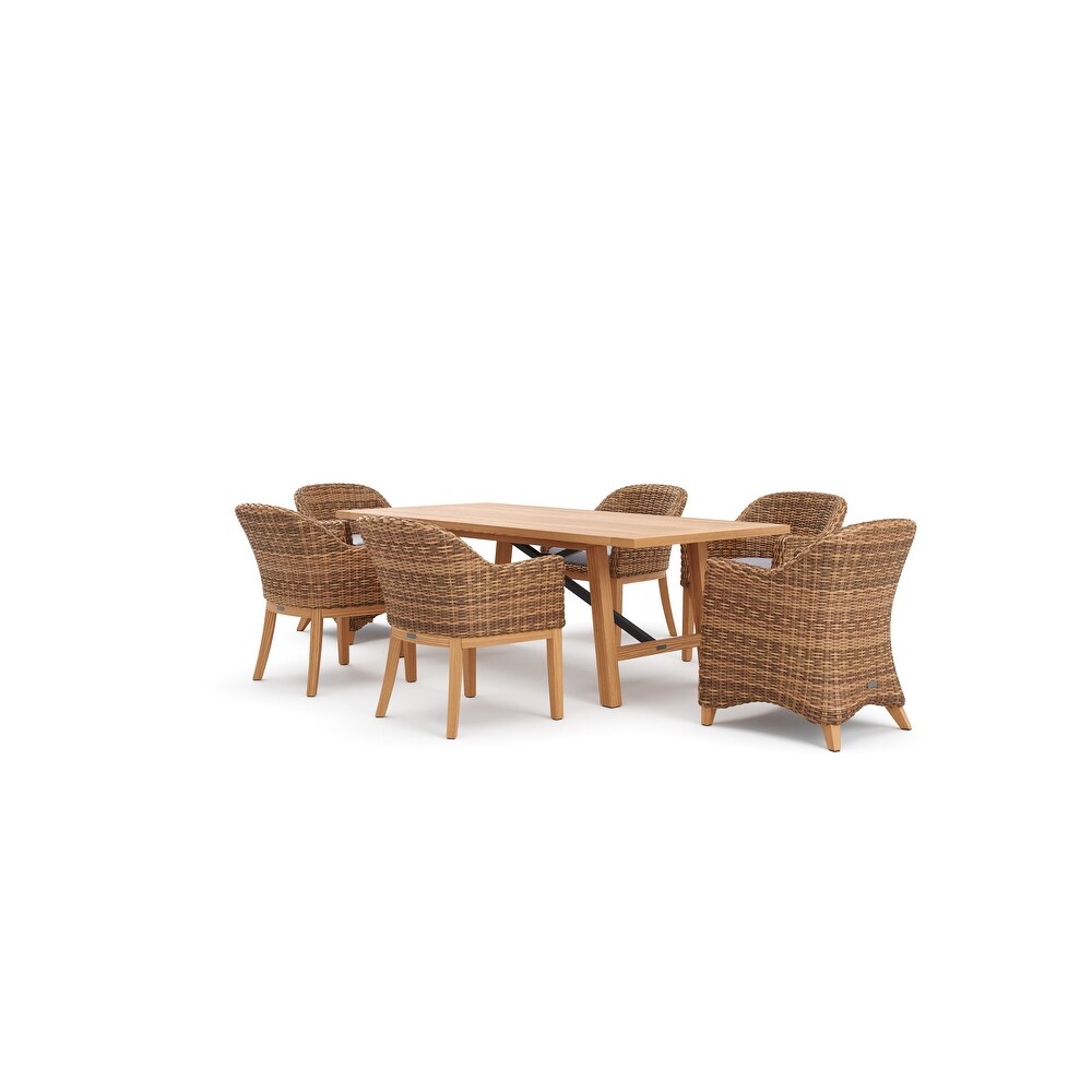 Winston Truss 7 Piece Natural Teak with Vintage Earth Weave Captain's Chair  Side Chair and Teak Dining Table Dining Set