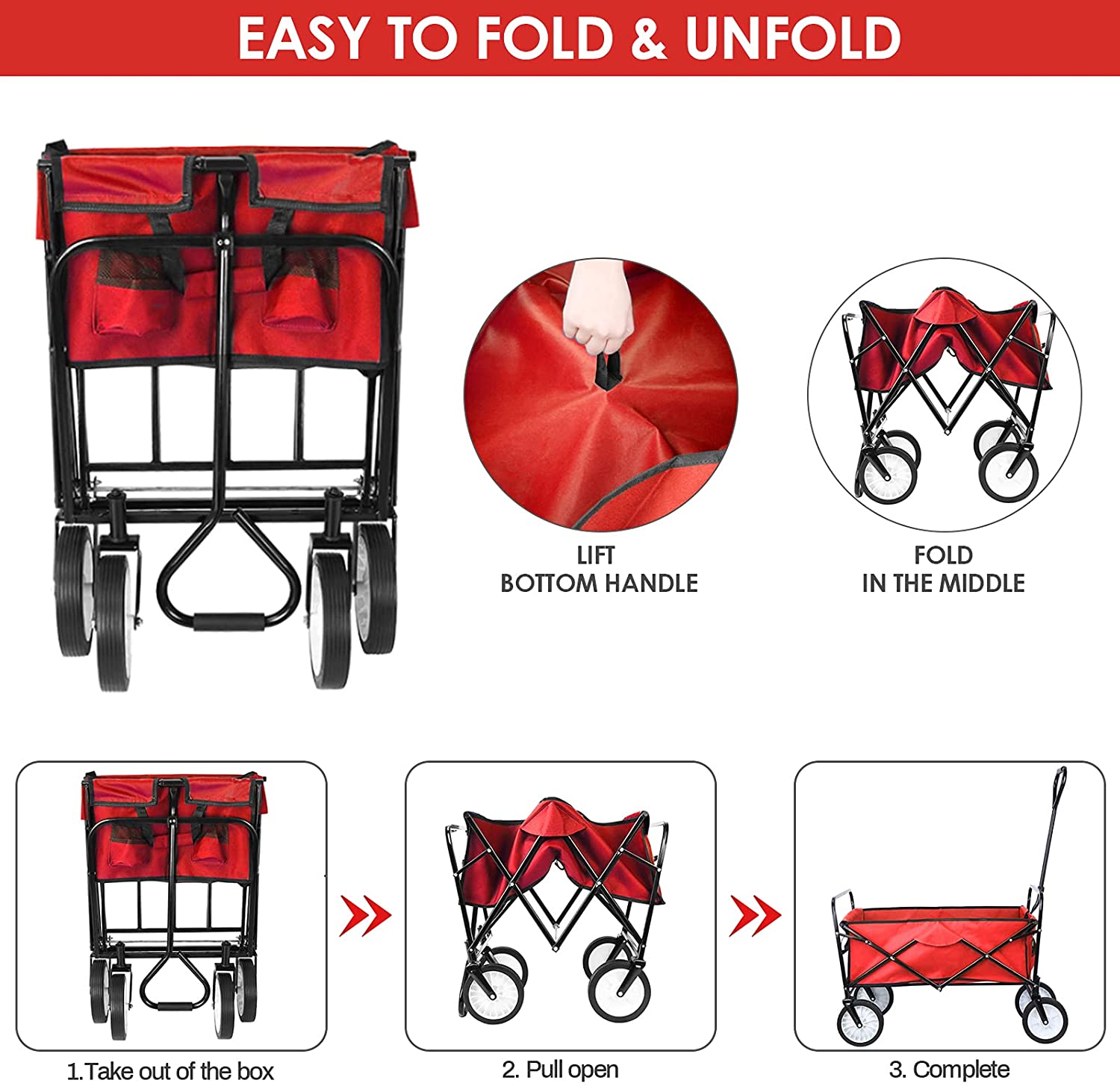 Pirecart Collapsible Wagon, Folding Utility Cart with Cup Holder