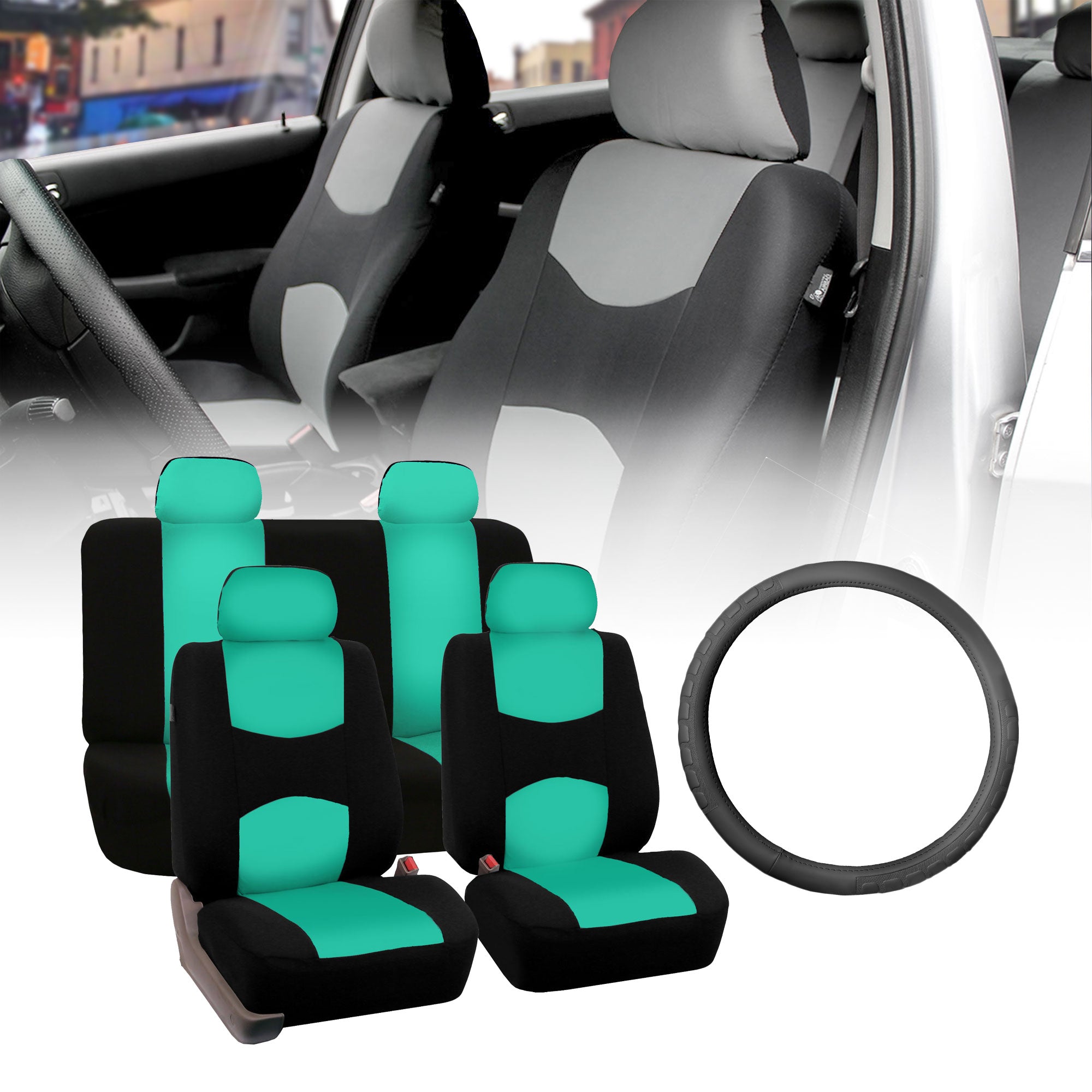 FH Group Flat Cloth Seat Covers for Auto， Full Set with Leather Steering Wheel Cover， Mint Black