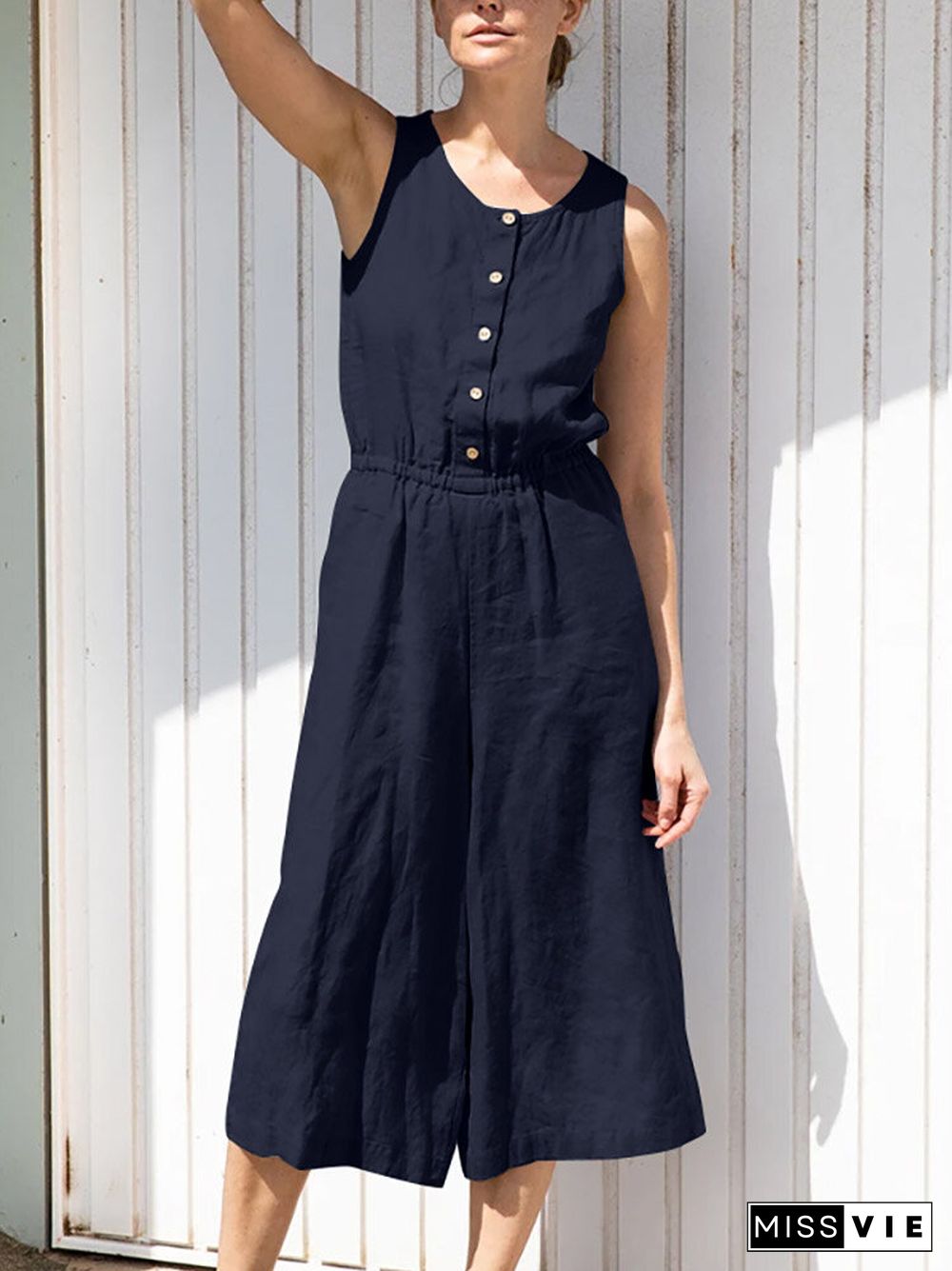 Solid Button Sleeveless Elastic Waist Wide Leg Jumpsuit