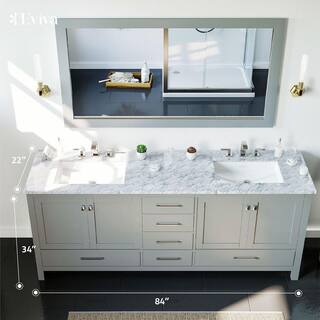 Eviva Aberdeen 84 in. W x 22 in. D x 35 in. H Double Bath Vanity in Gray with White Carrara Marble Top with White Sinks EVVN412-84GR