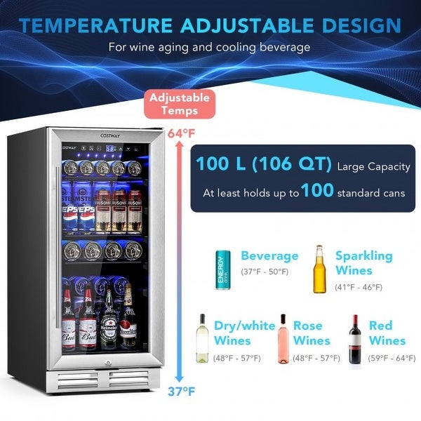 15 Inch 100 Can Built-in Freestanding Beverage Cooler Refrigerator with Adjustable Temperature