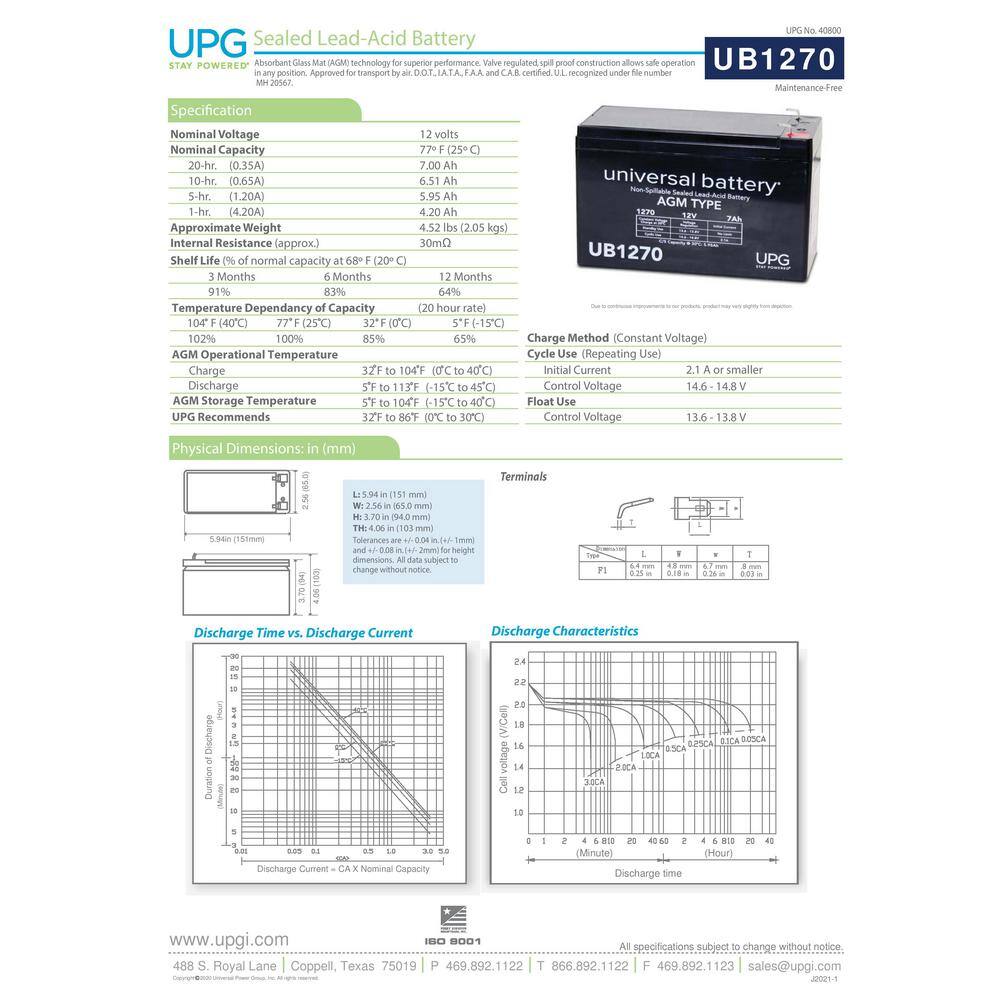 UPG 12-Volt 7 Ah F1 Terminal Sealed Lead Acid (SLA) AGM Rechargeable Battery UB1270