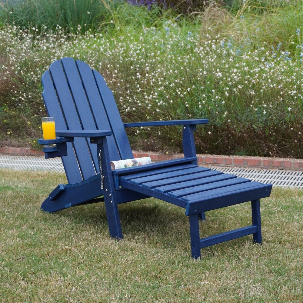 Polydun Folding Adirondack Chair Lawn Outdoor Fire Pit Chair Adirondack Chair Weather Resistant with Cup Holder/Ottoman