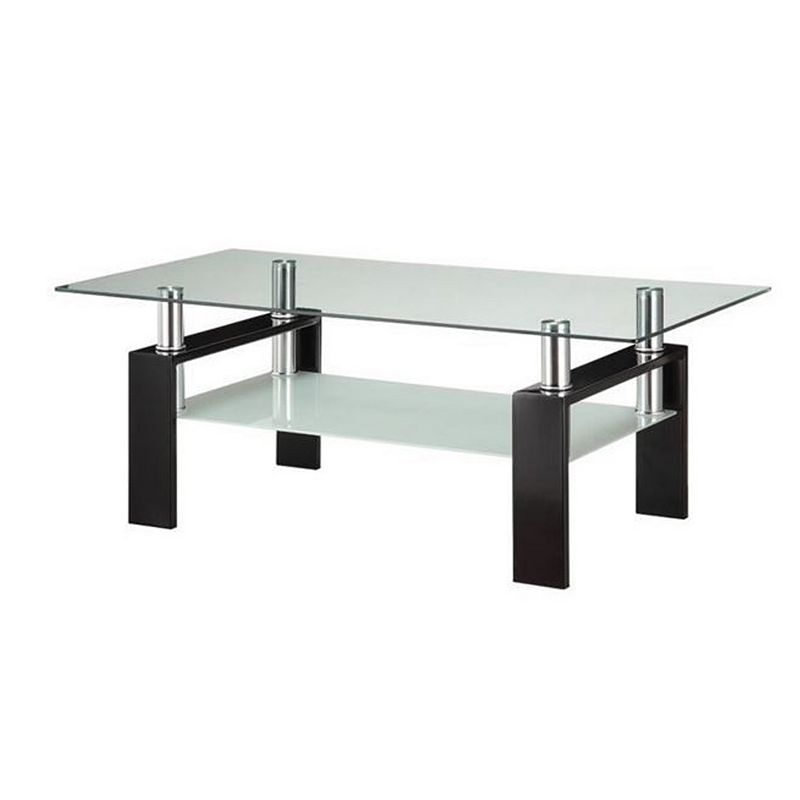 Glass Top Coffee Table with Metal Base and 1 Bottom Shelf， Clear and Black