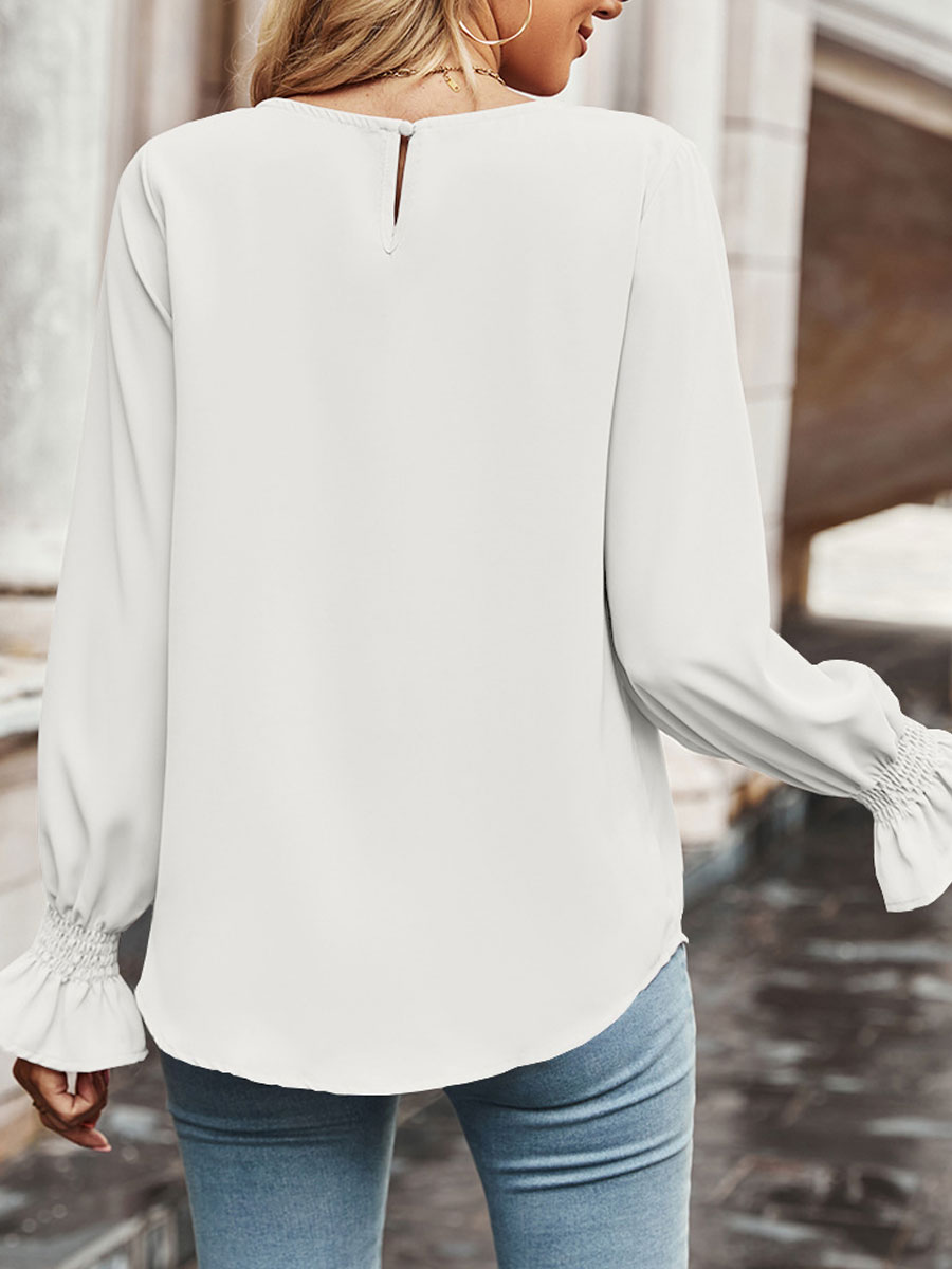 Round Neck Casual Loose Solid Color Long Sleeve Blouse