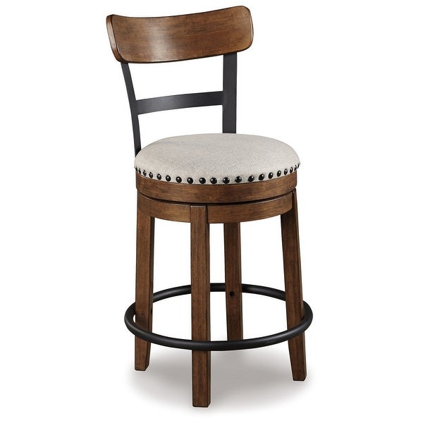 Zane 25 Inch Swivel Counter Height Stool， Round Cushioned Seat， Brown Wood