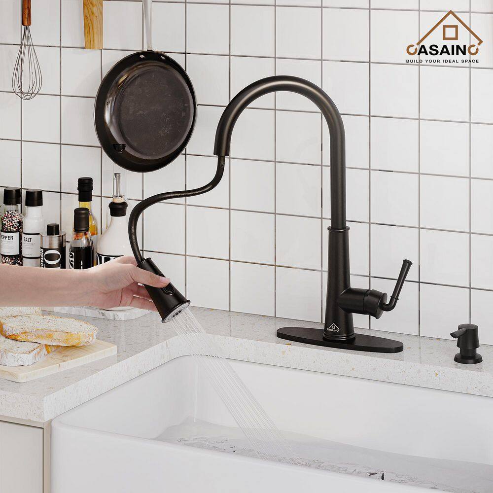 CASAINC Single-Handle Pull Down Sprayer Kitchen Faucet with Touchless Sensor LED Soap Dispenser and Deckplate in Matte Black CA-W3085-MB