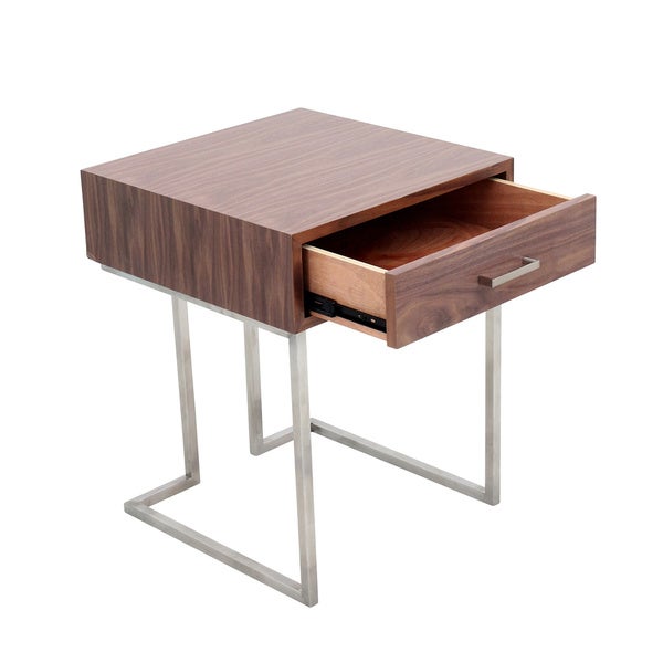 Carson Carrington Siuntio Roman Contemporary Walnut Wood and Stainless Steel End Table with Drawer