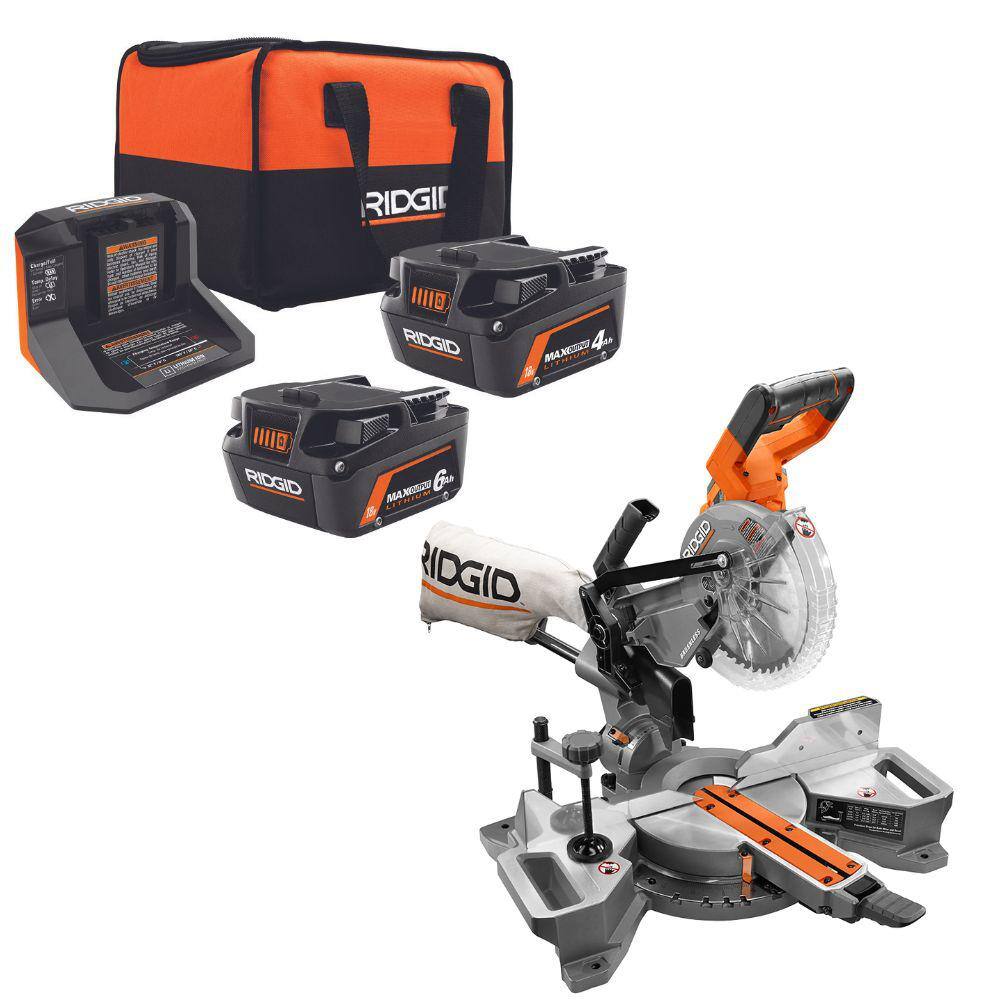 RIDGID 18V MAX Output Kit with 6.0 Ah and 4.0 Ah MAX Output Batteries Charger  18V Brushless 7-14 in. Sliding Miter Saw AC840060SB1-R48607B