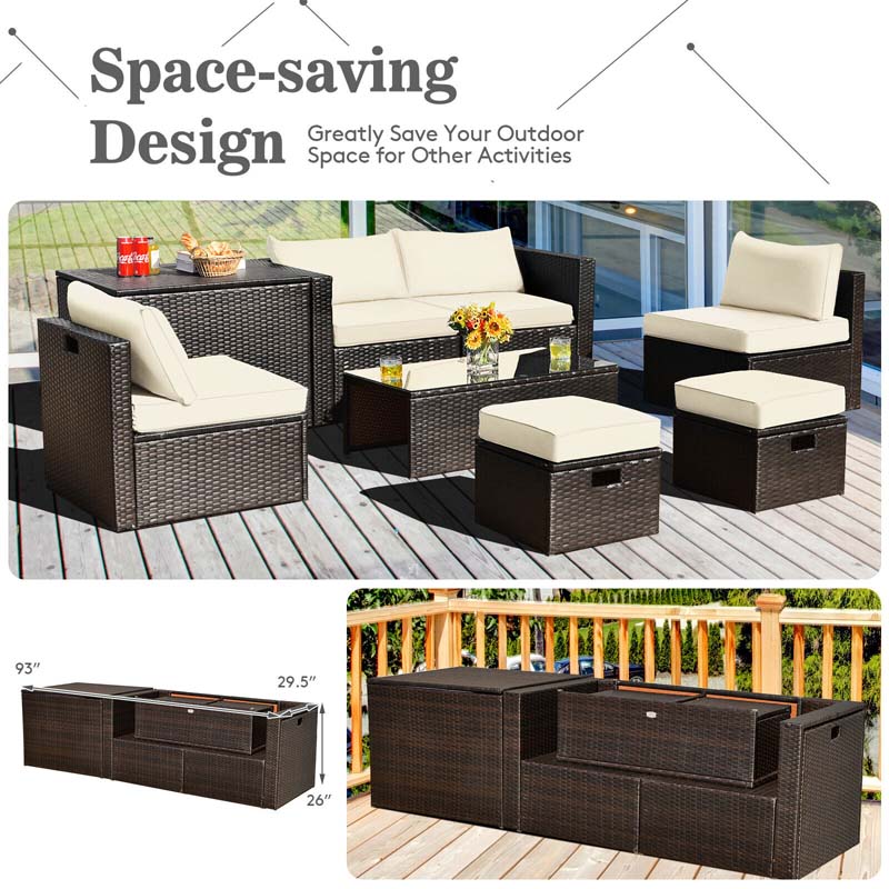 8 Pcs Rattan Patio Sectional Sofa Set with Storage Box & Waterproof Cover